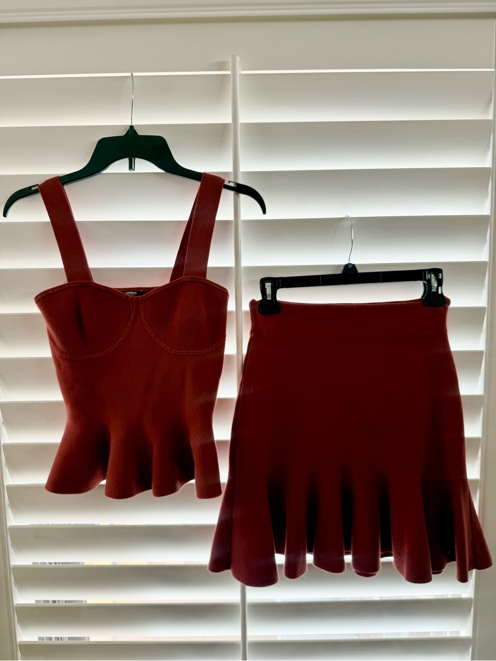 Express Wine Red Knit Peplum Top & Matching Skirt Set